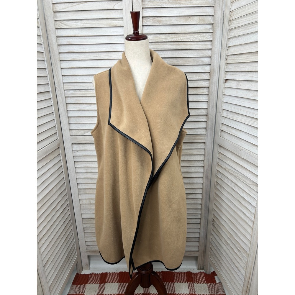 Susan Graver Open Front Vest 1XP Tan Womens Longline Fleece Faux Leather Trim